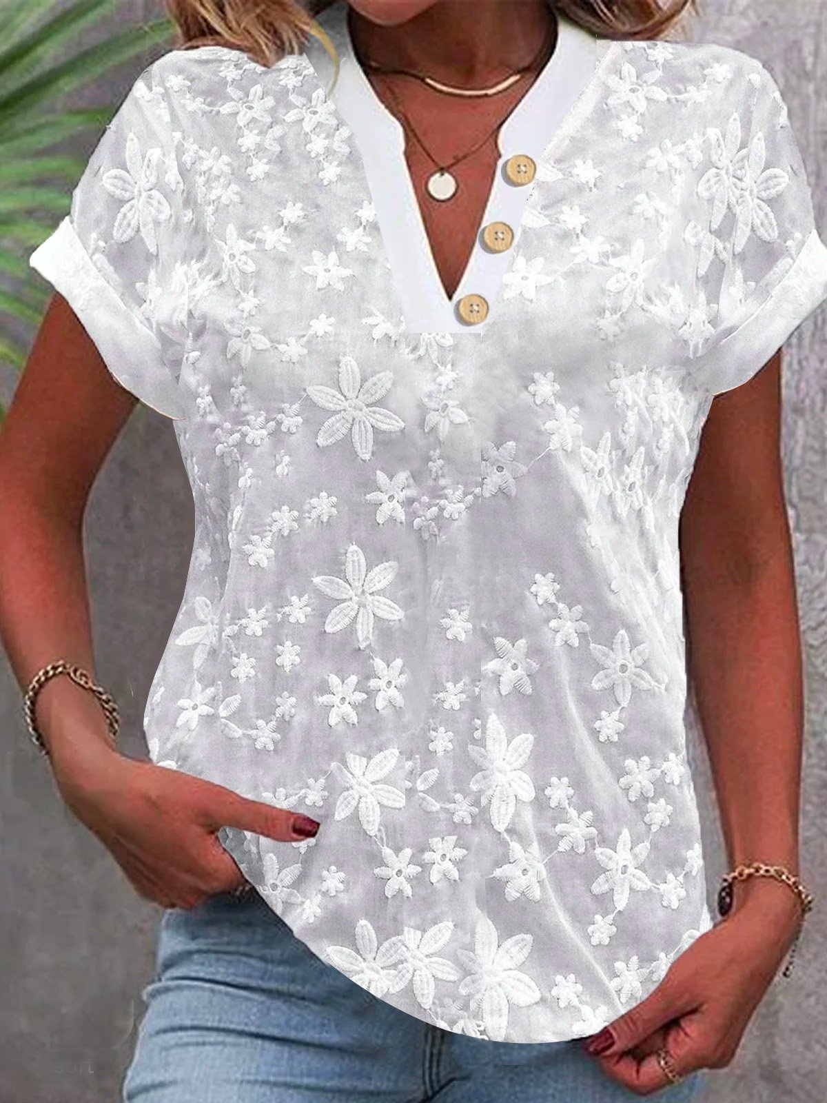 Camisa cortada blusa de renda  - Embroidery Eyelet avaliação e preço