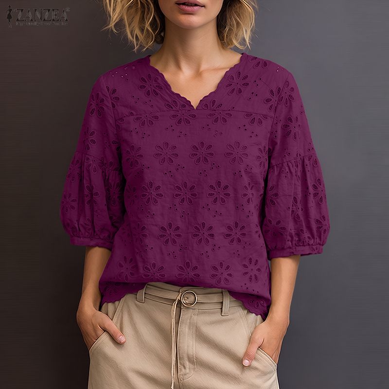 ZANZEA 2026 Blusas Femininas c - Embroidery Eyelet avaliação e preço