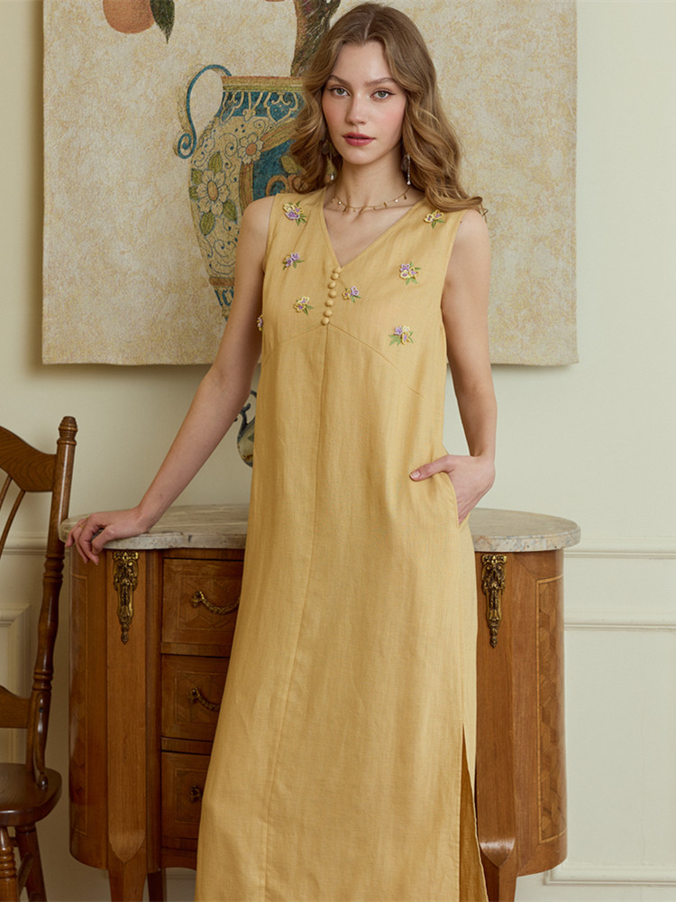 Vestidos longos de verão para  - Embroidery Yellow Dress avaliação e preço