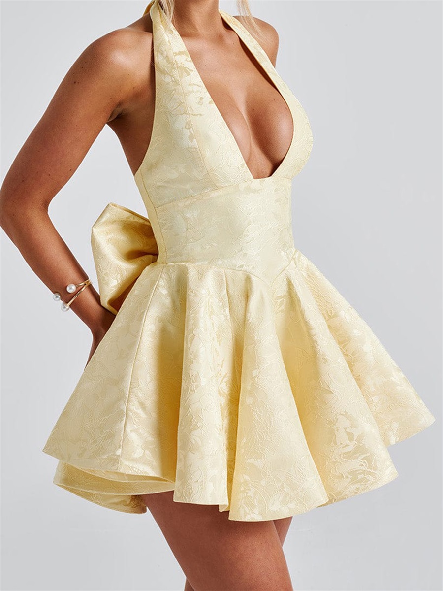 Mulheres halter pescoço vestid - Embroidery Yellow Dress avaliação e preço