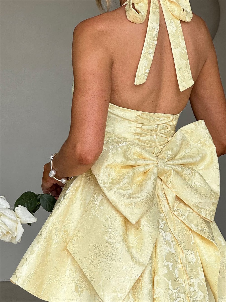 Mulheres halter pescoço vestid - Embroidery Yellow Dress avaliação e preço